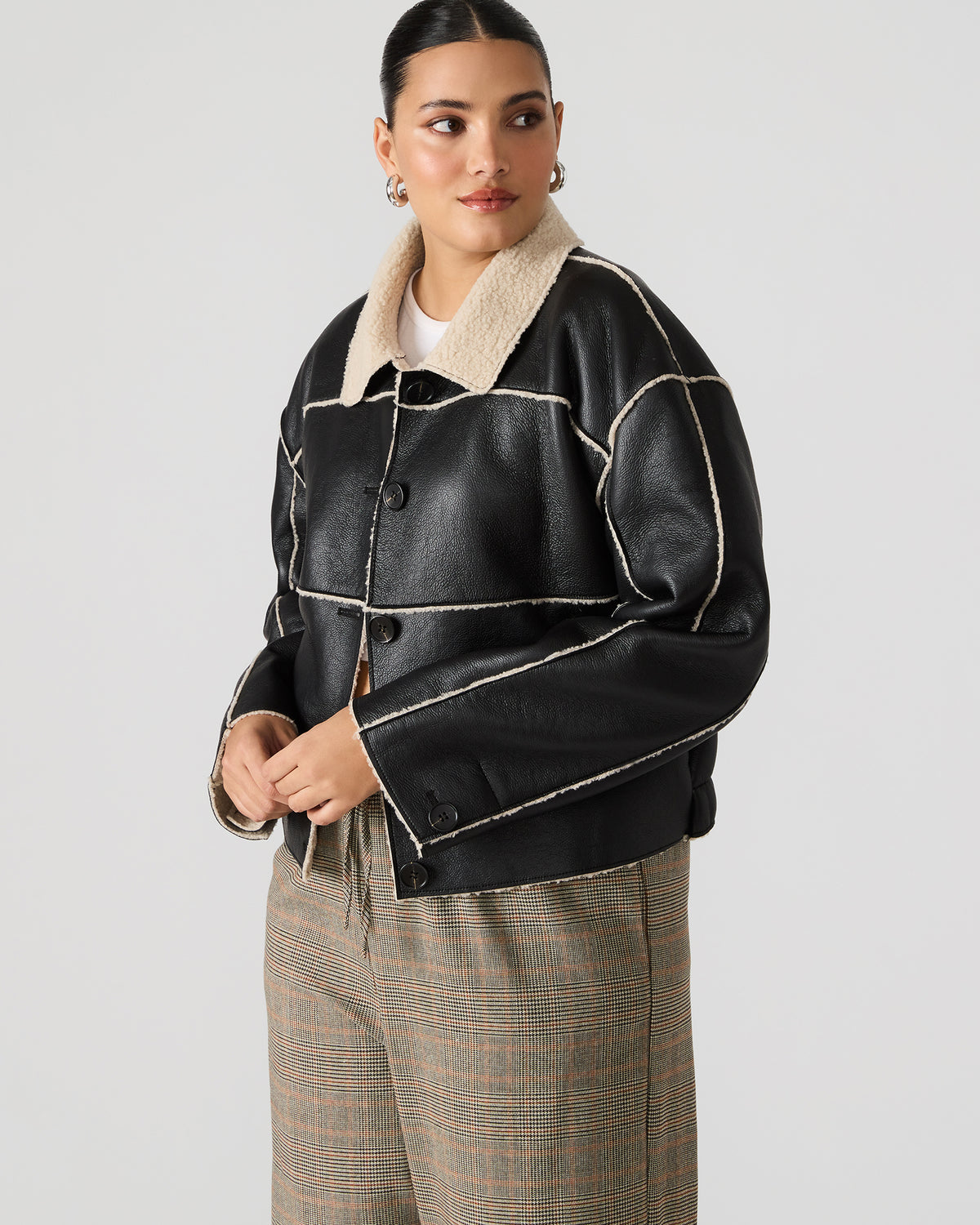 TILIA Black Long-Sleeved Faux Leather Button-Up Faux Fur Women's Coat | Steve Madden