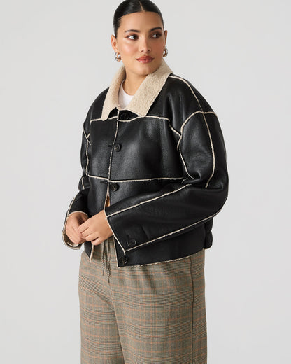 TILIA Black Long-Sleeved Faux Leather Button-Up Faux Fur Women's Coat | Steve Madden