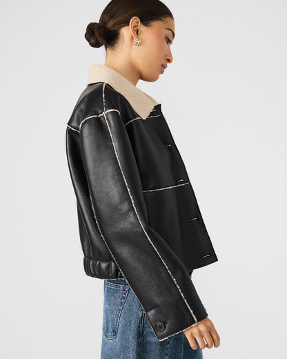 TILIA Black Long-Sleeved Faux Leather Button-Up Faux Fur Women's Coat | Steve Madden