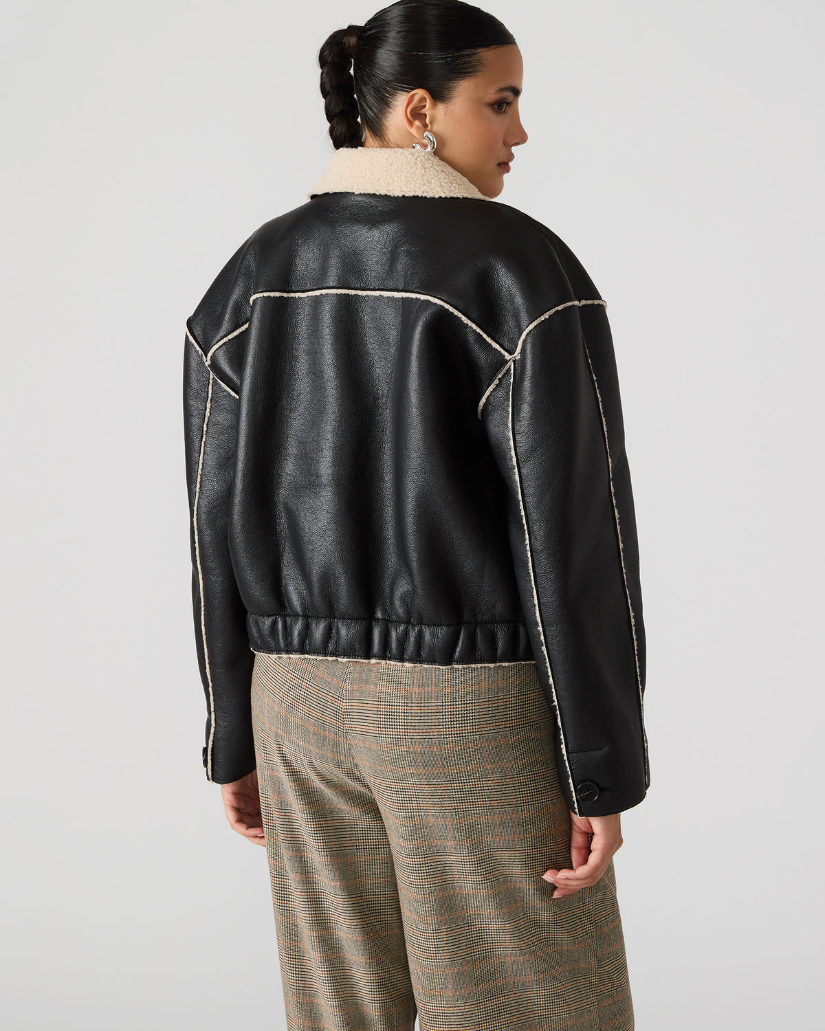 TILIA Black Long-Sleeved Faux Leather Button-Up Faux Fur Women's Coat | Steve Madden