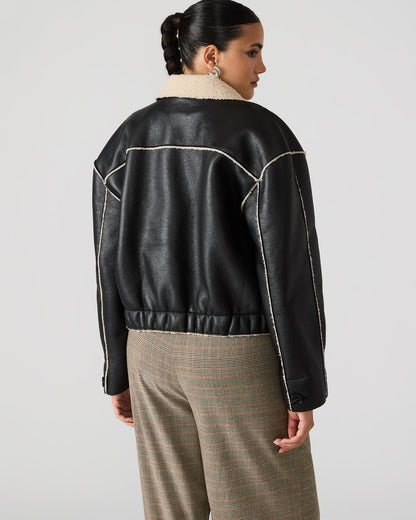 TILIA Black Long-Sleeved Faux Leather Button-Up Faux Fur Women's Coat | Steve Madden