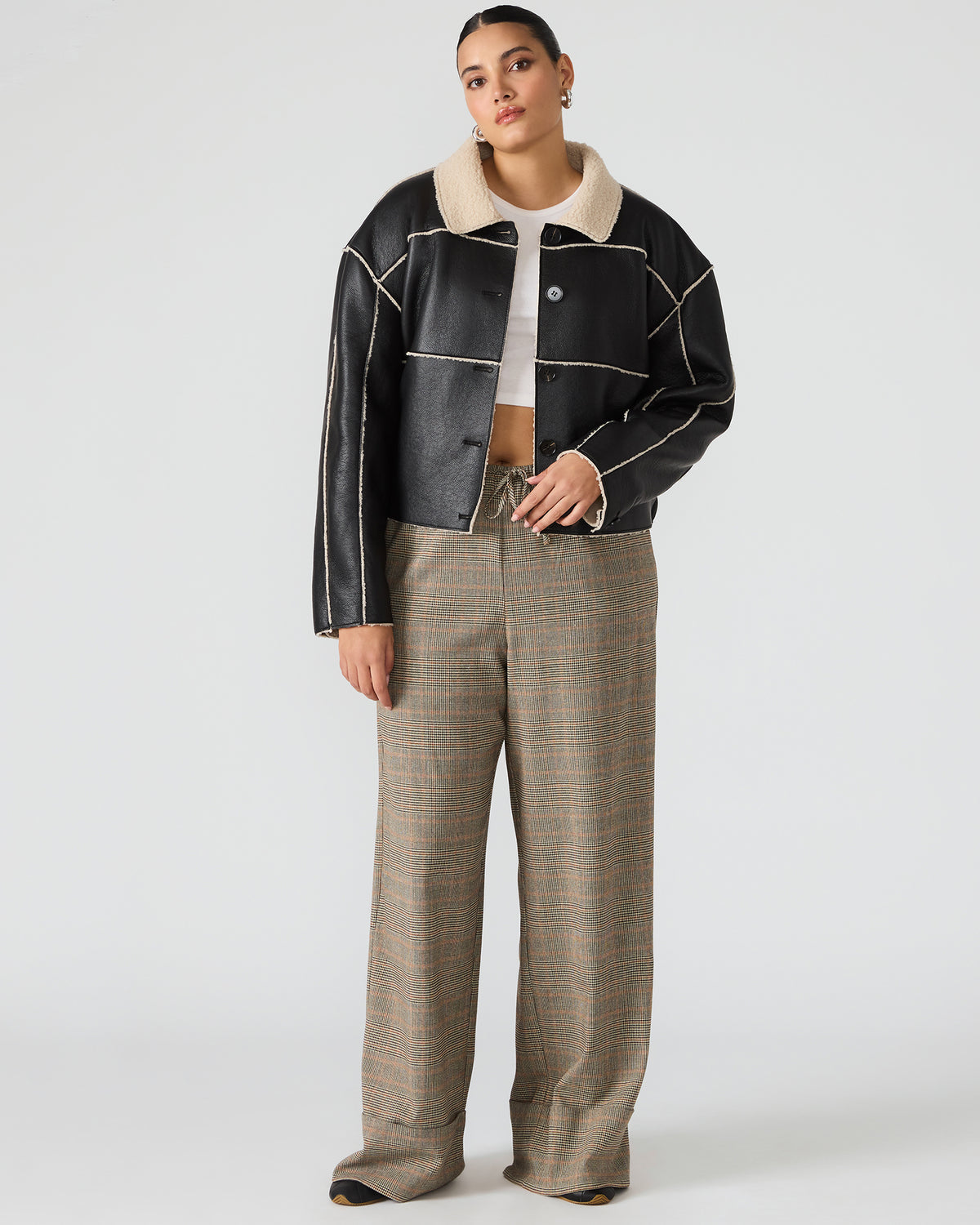 TILIA Black Long-Sleeved Faux Leather Button-Up Faux Fur Women's Coat | Steve Madden