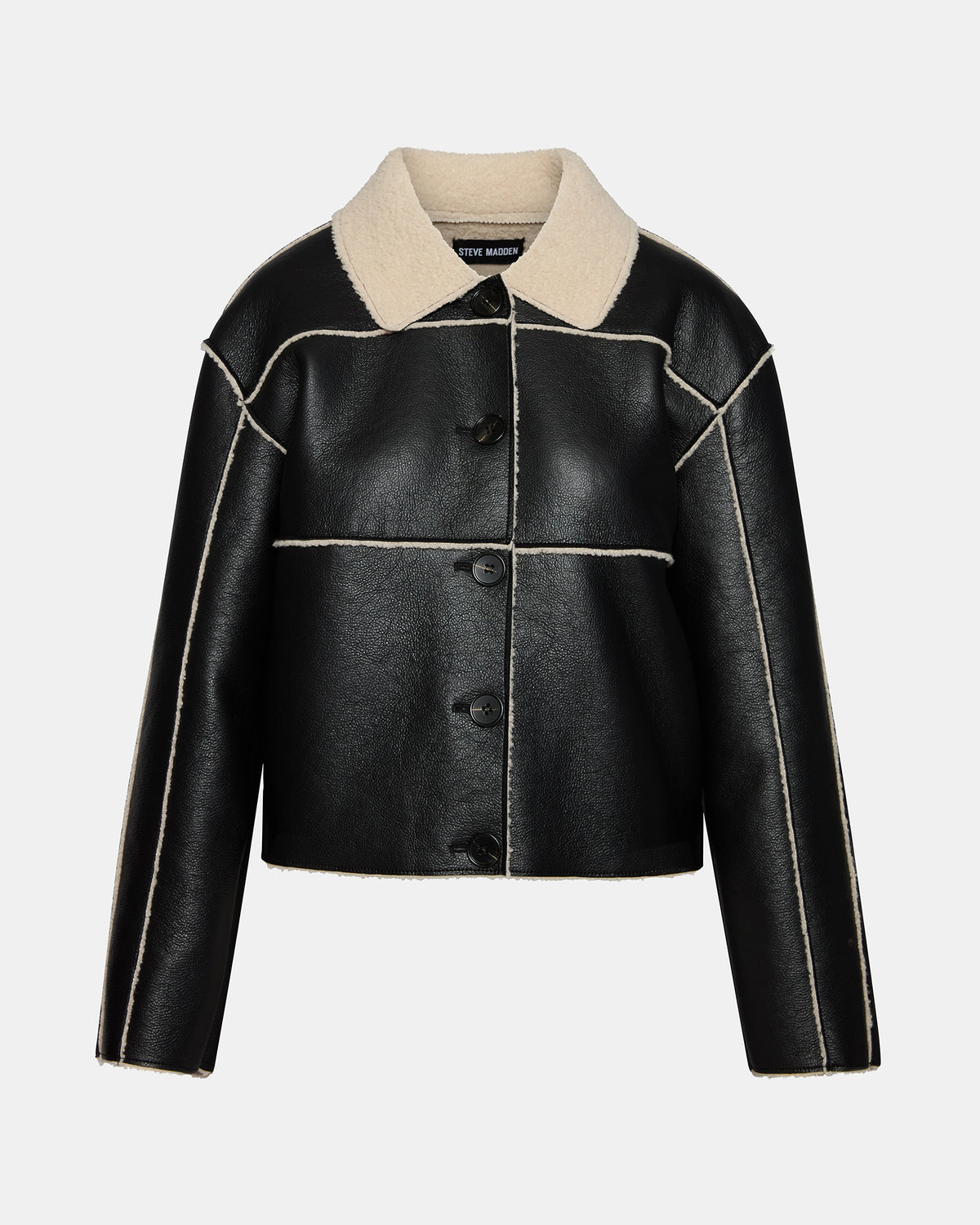 TILIA Black Long-Sleeved Faux Leather Button-Up Faux Fur Women's Coat | Steve Madden