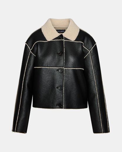 TILIA Black Long-Sleeved Faux Leather Button-Up Faux Fur Women's Coat | Steve Madden