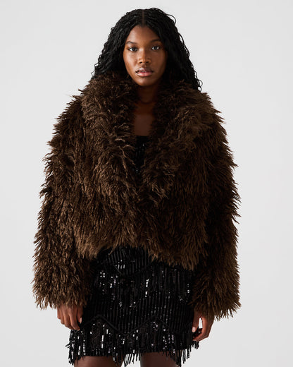 INAYA Dark Espresso Long-Sleeved Faux Fur Shaggy Women's Coat | Steve Madden