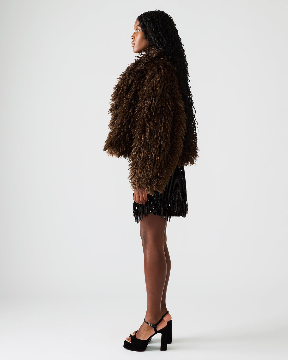 INAYA Dark Espresso Long-Sleeved Faux Fur Shaggy Women's Coat | Steve Madden