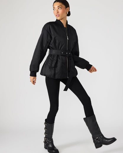 ERYN Black Long-Sleeved Puffer Belted Zip-Up Women's Jacket | Steve Madden
