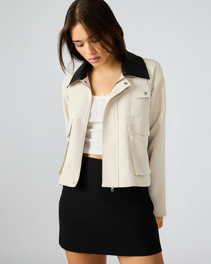 JUSTINA Barn Oatmeal Long-Sleeved Button-Up Women's Jacket | Steve Madden