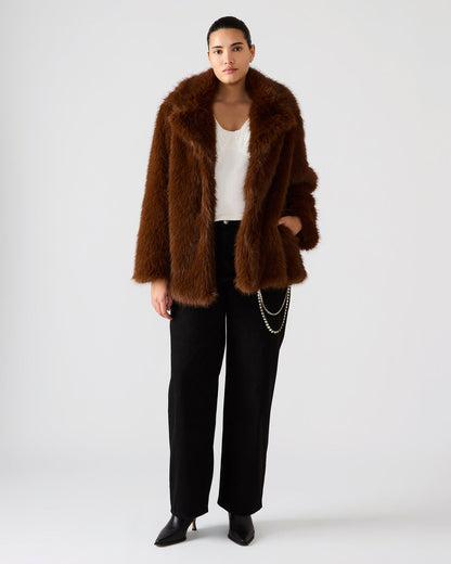 KINDRA Brown Faux Fur Collared Women's Coat | Steve Madden
