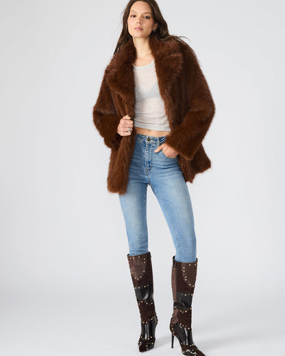 KINDRA Brown Faux Fur Collared Women's Coat | Steve Madden