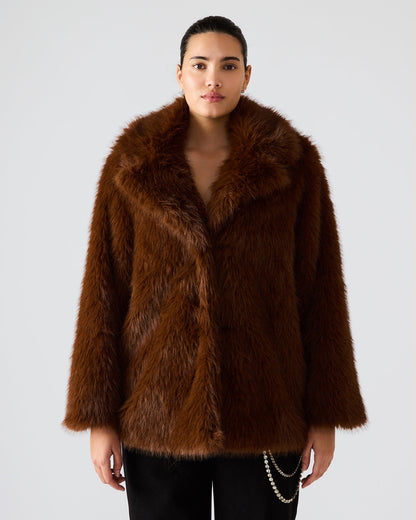 KINDRA Brown Faux Fur Collared Women's Coat | Steve Madden