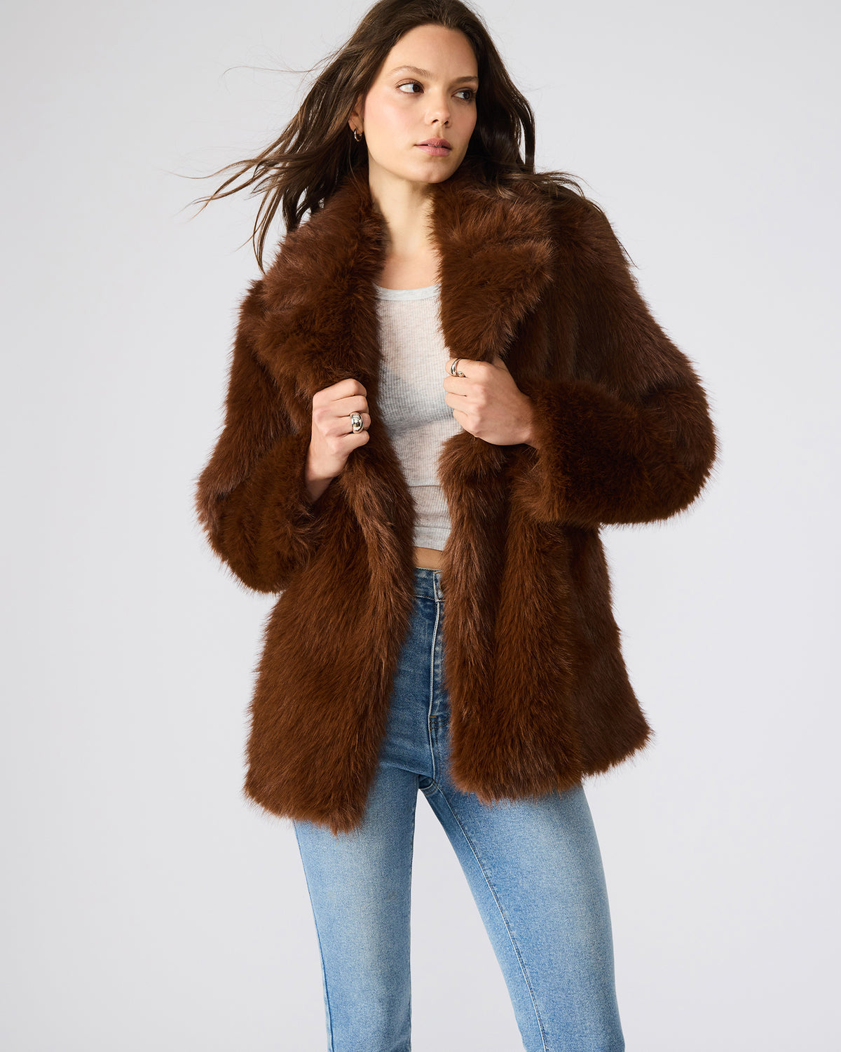 KINDRA Brown Faux Fur Collared Women's Coat | Steve Madden