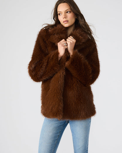 KINDRA Brown Faux Fur Collared Women's Coat | Steve Madden