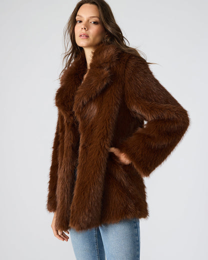 KINDRA Brown Faux Fur Collared Women's Coat | Steve Madden