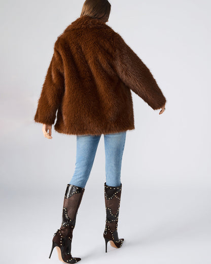 KINDRA Brown Faux Fur Collared Women's Coat | Steve Madden