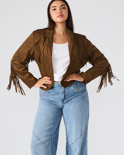 DALLAS Chestnut Long-Sleeved Button-Up Fringe Women's Jacket | Steve Madden