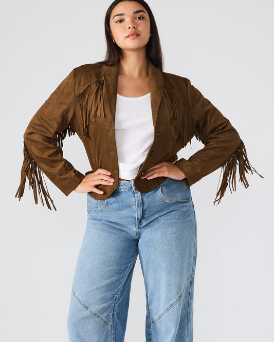 DALLAS Chestnut Long-Sleeved Button-Up Fringe Women's Jacket | Steve Madden