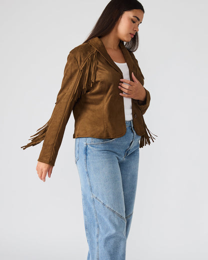 DALLAS Chestnut Long-Sleeved Button-Up Fringe Women's Jacket | Steve Madden