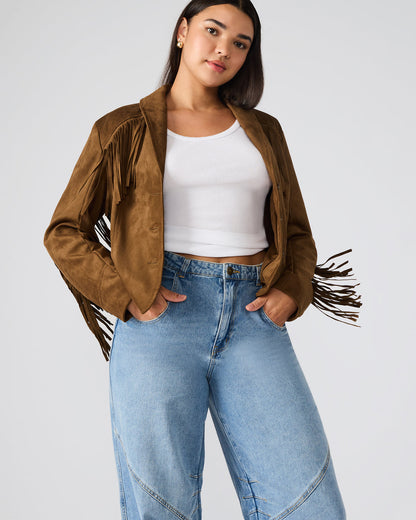 DALLAS Chestnut Long-Sleeved Button-Up Fringe Women's Jacket | Steve Madden