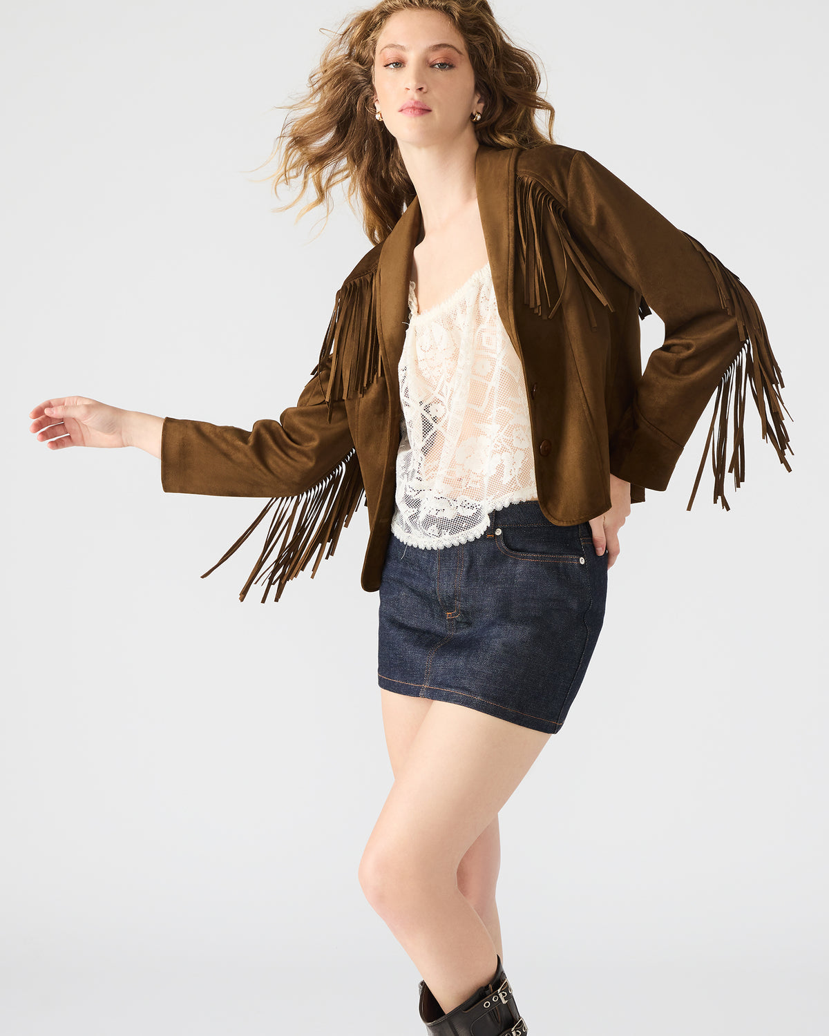 DALLAS Chestnut Long-Sleeved Button-Up Fringe Women's Jacket | Steve Madden