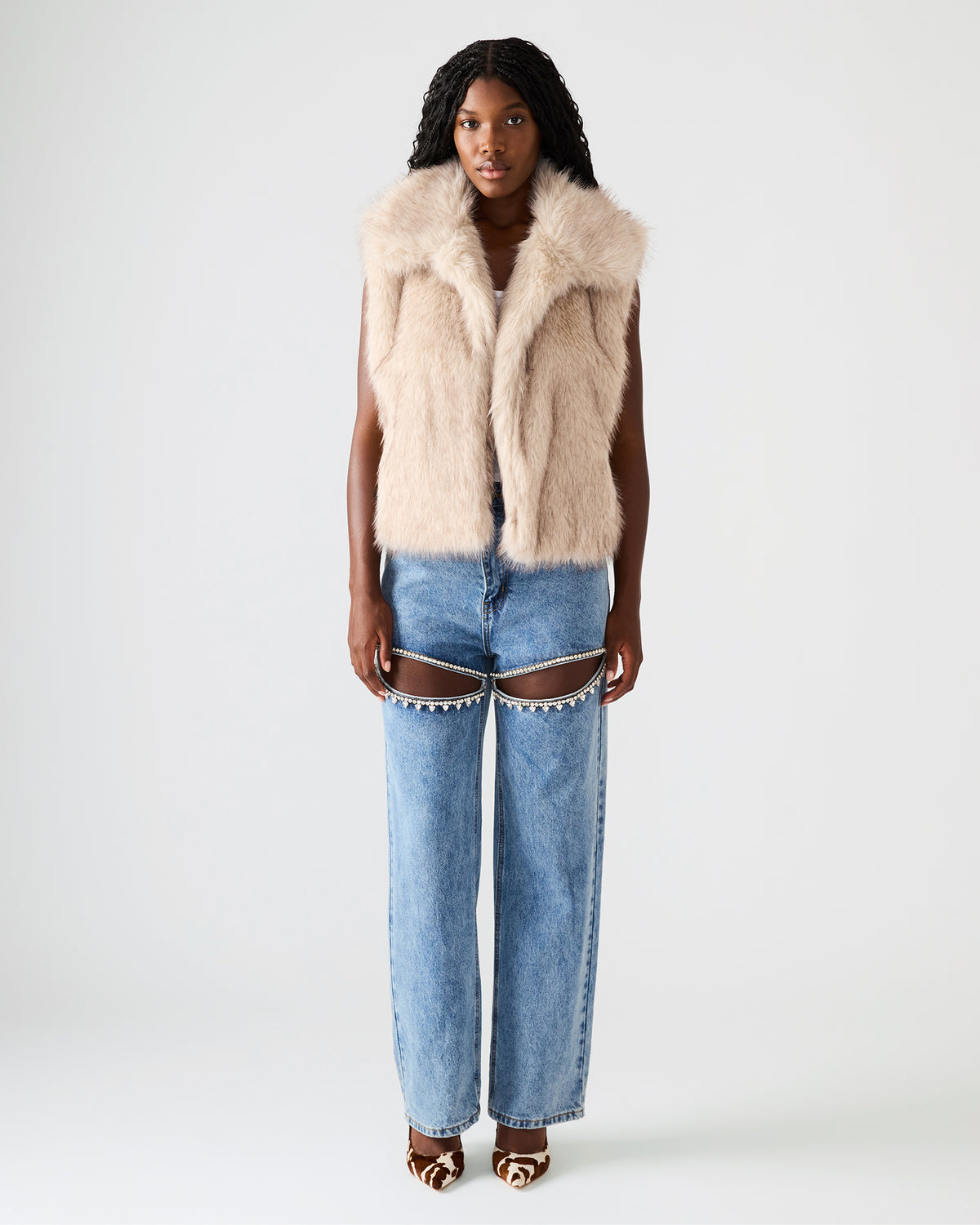 SAFIRA Natural Faux Fur Sleeveless Collared Women's Vest | Steve Madden