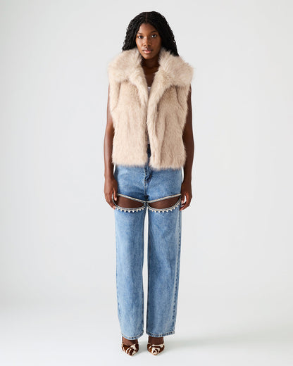 SAFIRA Natural Faux Fur Sleeveless Collared Women's Vest | Steve Madden