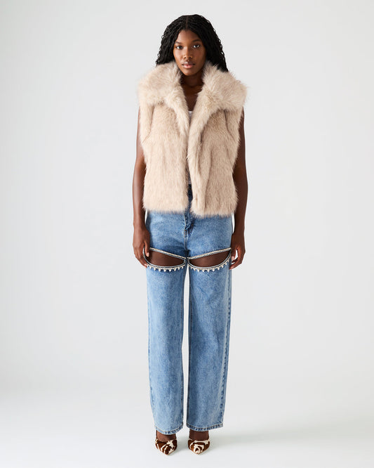 SAFIRA Natural Faux Fur Sleeveless Collared Women's Vest | Steve Madden