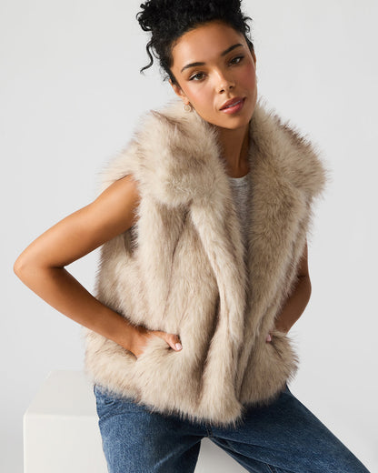 SAFIRA Natural Faux Fur Sleeveless Collared Women's Vest | Steve Madden