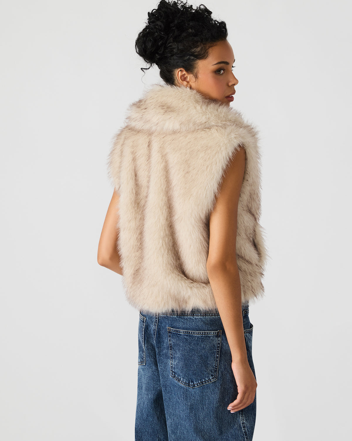 SAFIRA Natural Faux Fur Sleeveless Collared Women's Vest | Steve Madden