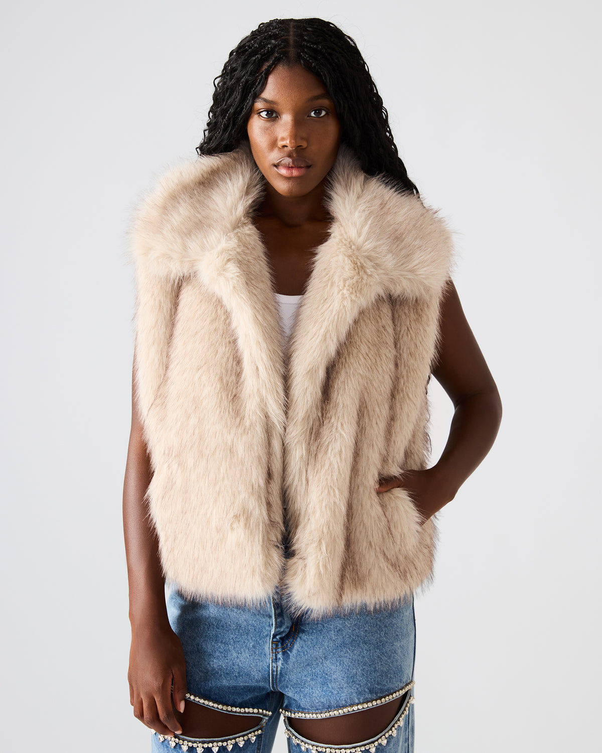 SAFIRA Natural Faux Fur Sleeveless Collared Women's Vest | Steve Madden