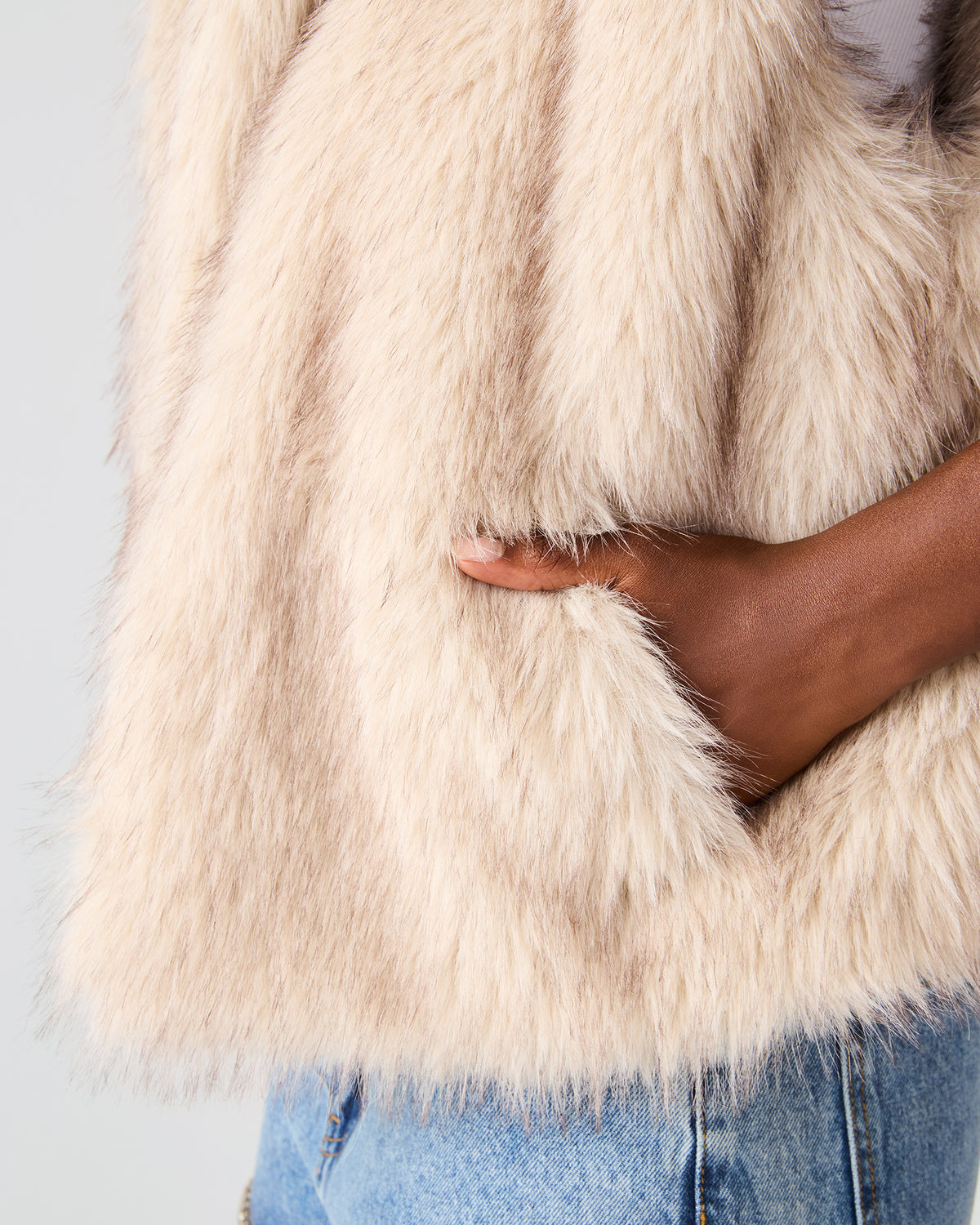 SAFIRA Natural Faux Fur Sleeveless Collared Women's Vest | Steve Madden