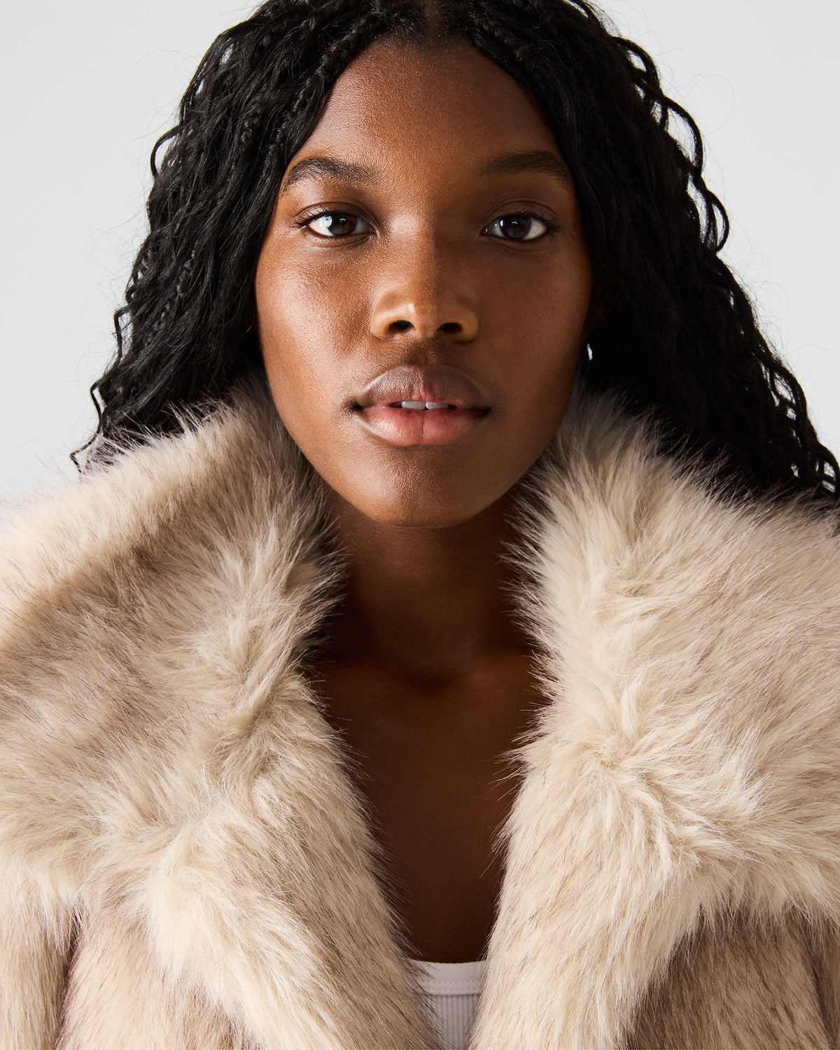 SAFIRA Natural Faux Fur Sleeveless Collared Women's Vest | Steve Madden