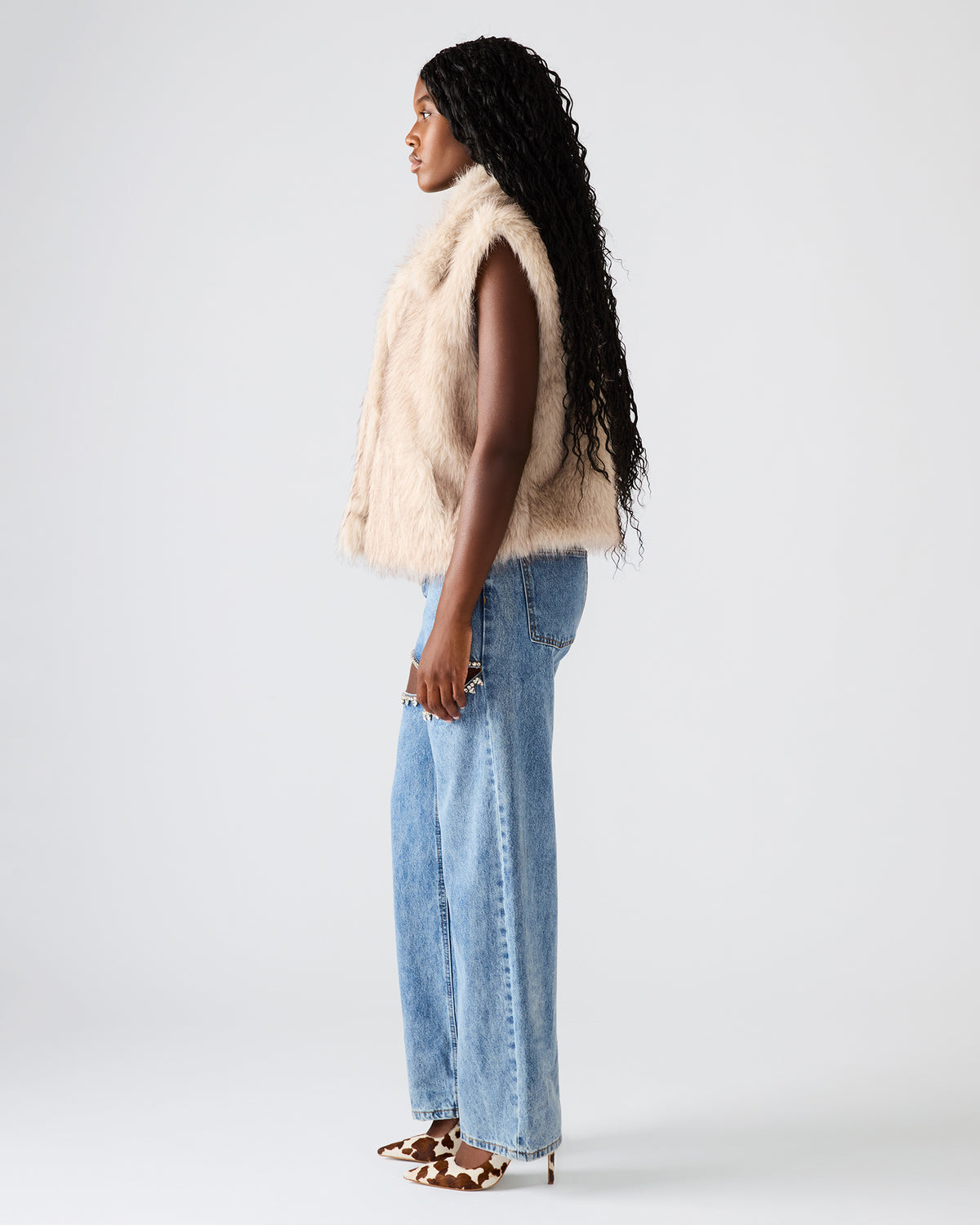 SAFIRA Natural Faux Fur Sleeveless Collared Women's Vest | Steve Madden