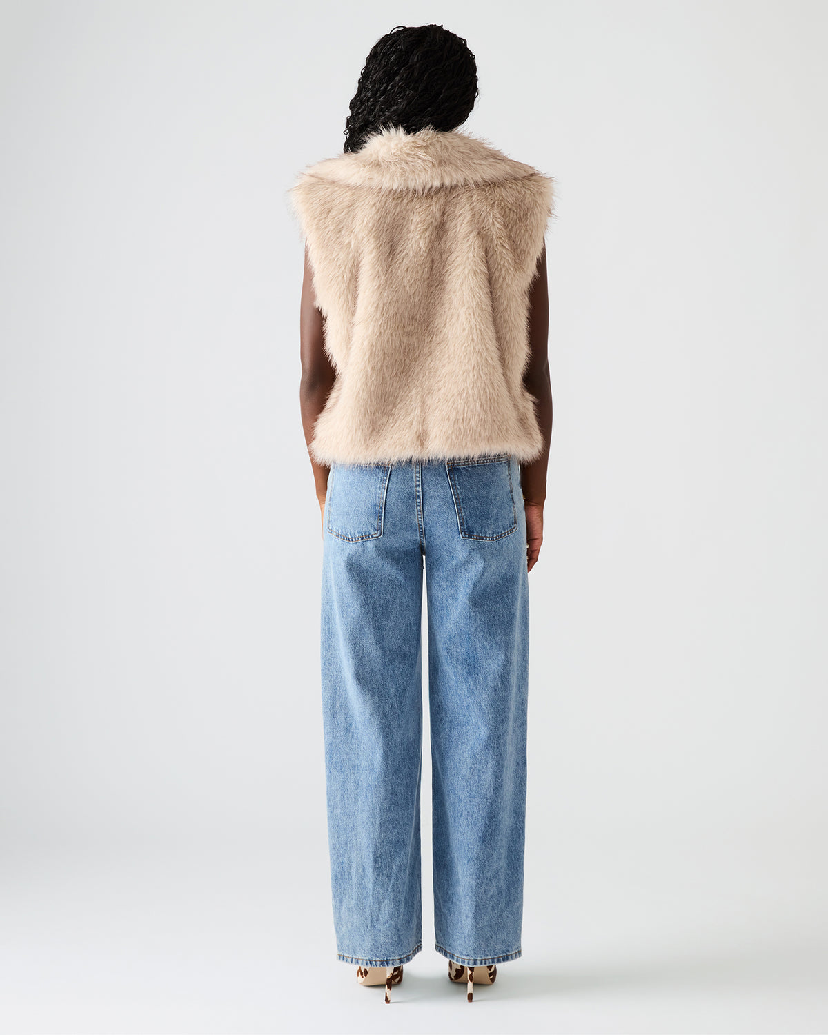 SAFIRA Natural Faux Fur Sleeveless Collared Women's Vest | Steve Madden