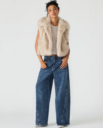 SAFIRA Natural Faux Fur Sleeveless Collared Women's Vest | Steve Madden
