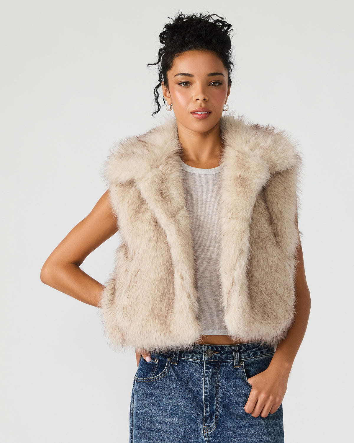 SAFIRA Natural Faux Fur Sleeveless Collared Women's Vest | Steve Madden