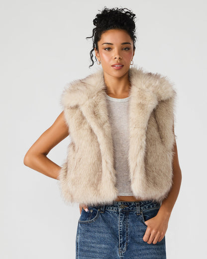 SAFIRA Natural Faux Fur Sleeveless Collared Women's Vest | Steve Madden
