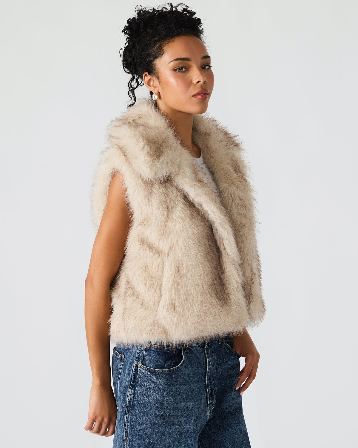 SAFIRA Natural Faux Fur Sleeveless Collared Women's Vest | Steve Madden
