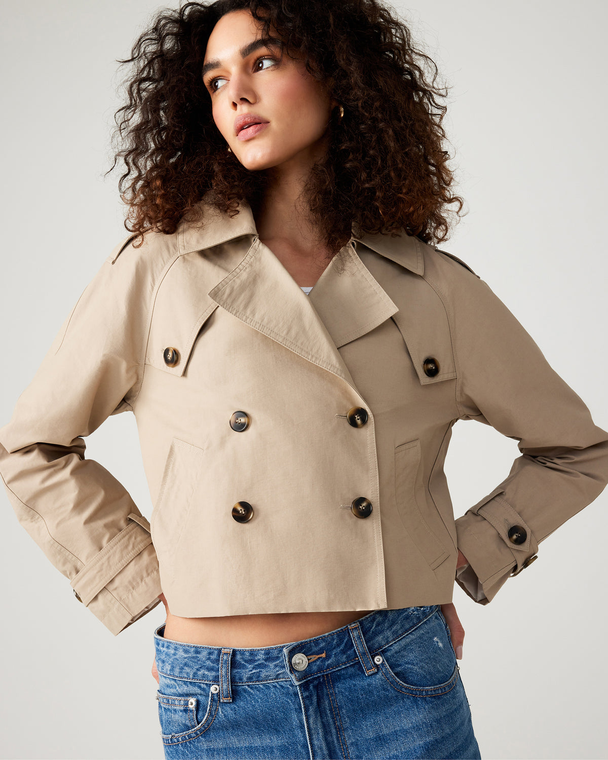 SIRUS Khaki Women's Cropped Denim Trench Coat | Steve Madden
