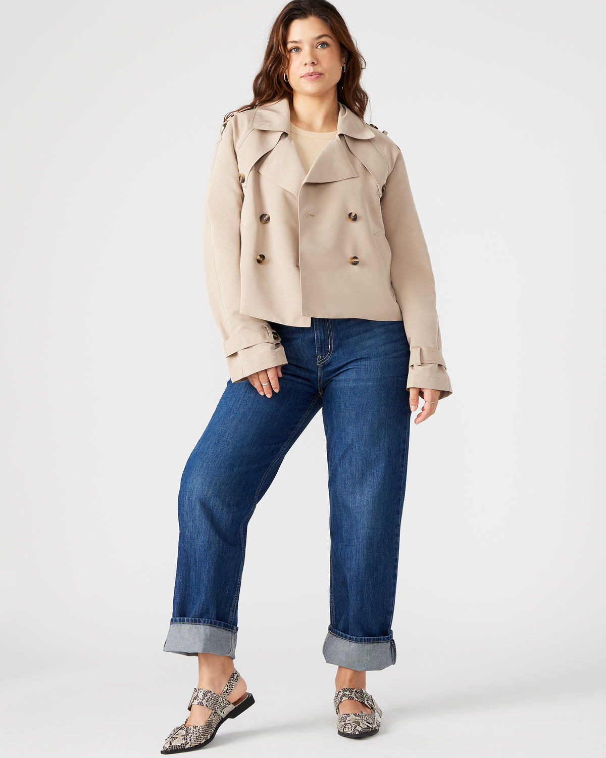 SIRUS Khaki Women's Cropped Denim Trench Coat | Steve Madden