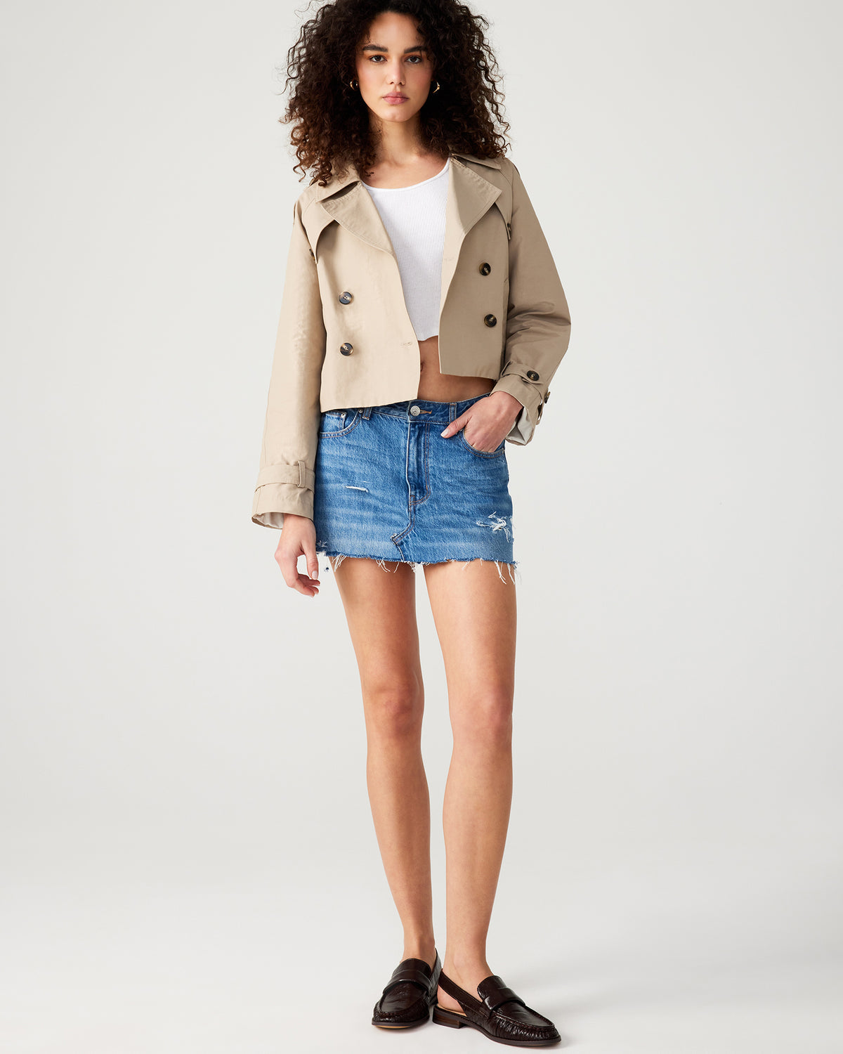 SIRUS Khaki Women's Cropped Denim Trench Coat | Steve Madden