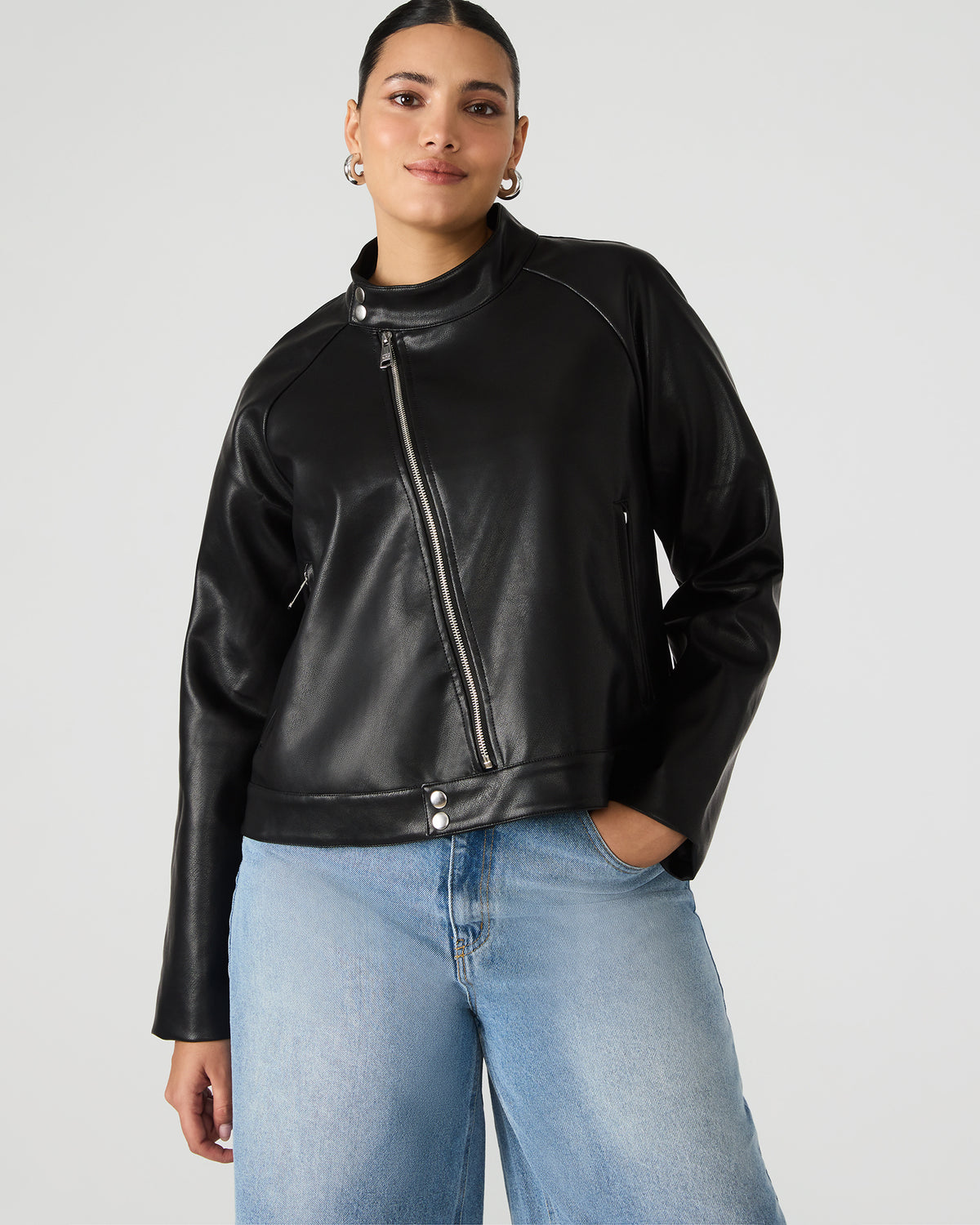 JETT Black Long-Sleeved Faux Leather Zip-Up Women's Jacket | Steve Madden