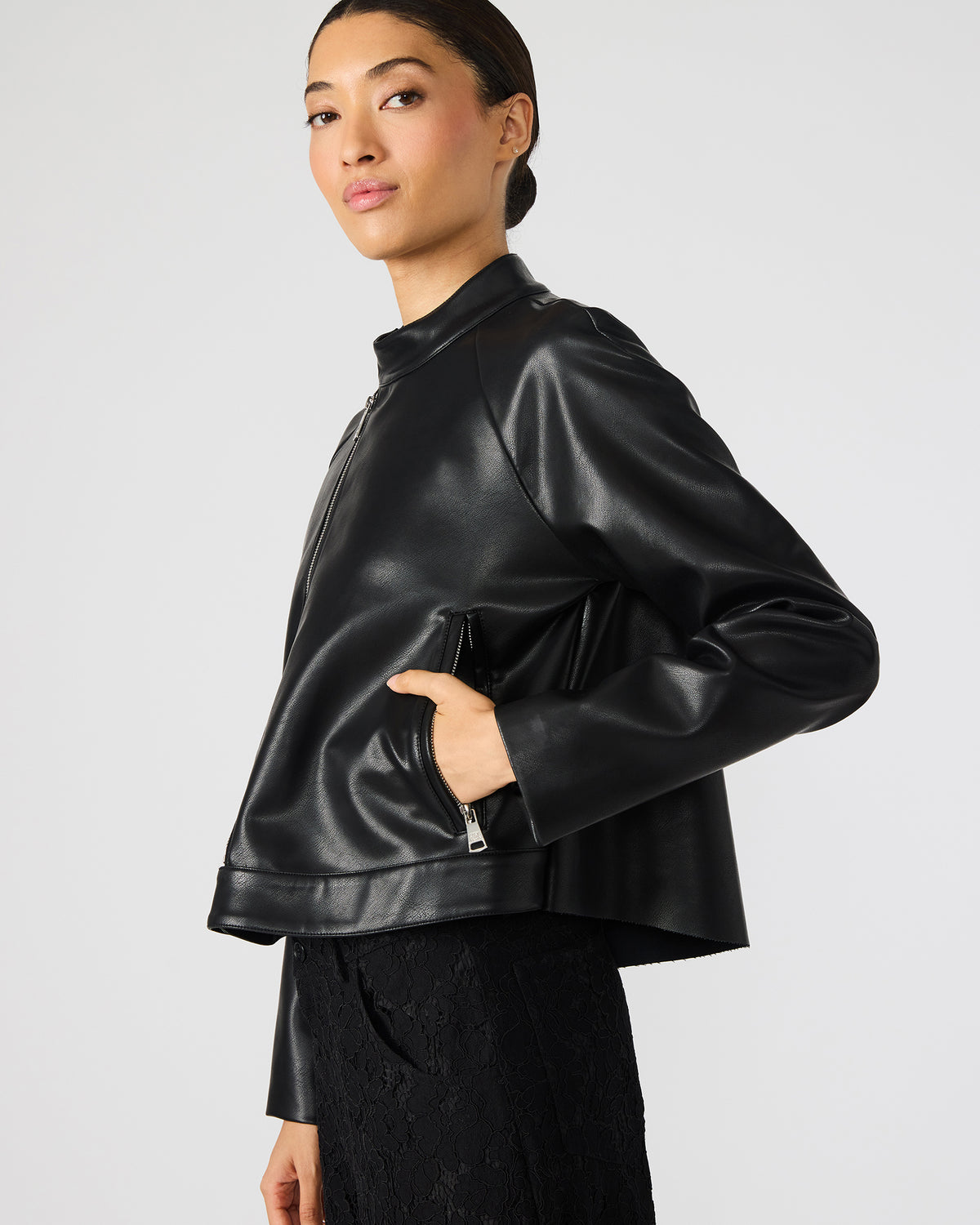 JETT Black Long-Sleeved Faux Leather Zip-Up Women's Jacket | Steve Madden
