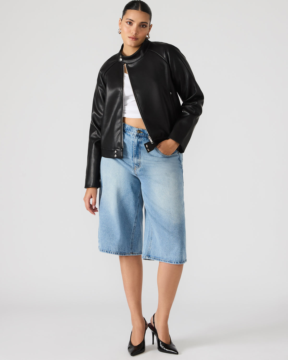 JETT Black Long-Sleeved Faux Leather Zip-Up Women's Jacket | Steve Madden