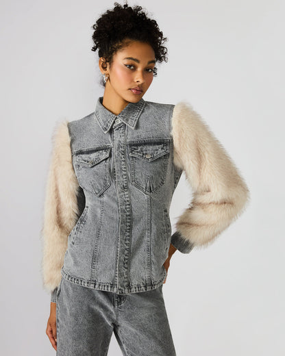 PARKER Fog Faux Fur Long-Sleeved Button-Up Denim Women's Jacket | Steve Madden