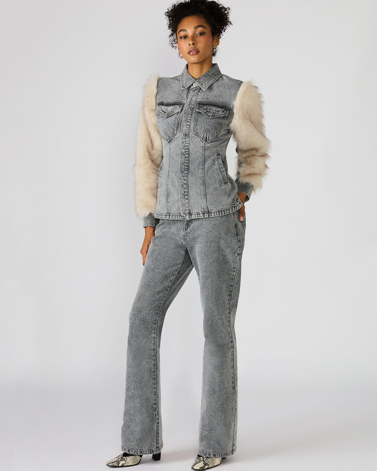 PARKER Fog Faux Fur Long-Sleeved Button-Up Denim Women's Jacket | Steve Madden