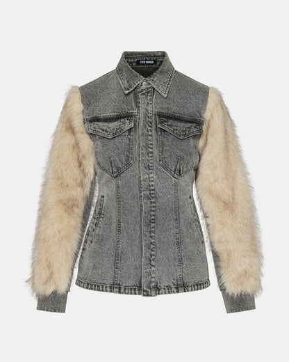 PARKER Fog Faux Fur Long-Sleeved Button-Up Denim Women's Jacket | Steve Madden
