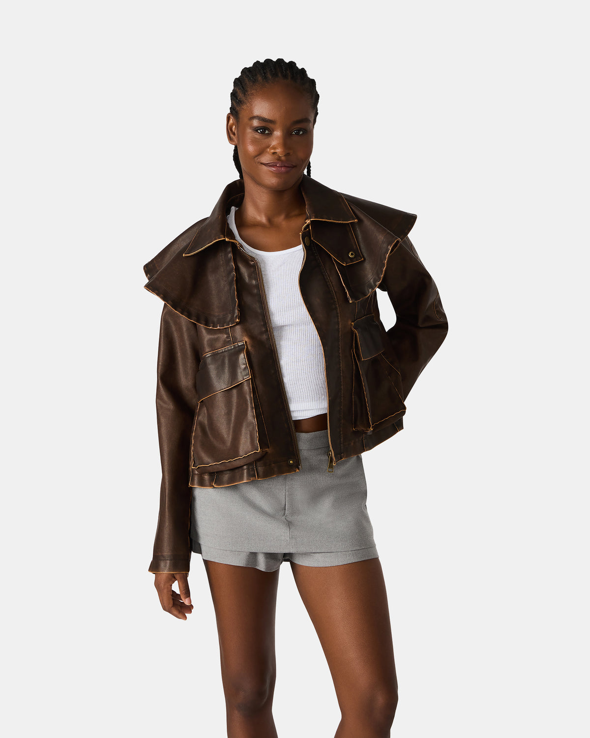VARVARA Chocolate Long-Sleevd Faux Leather Women's Jacket | Steve Madden