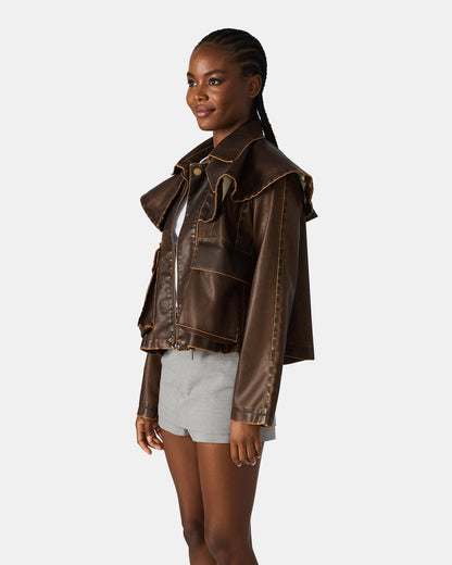 VARVARA Chocolate Long-Sleevd Faux Leather Women's Jacket | Steve Madden