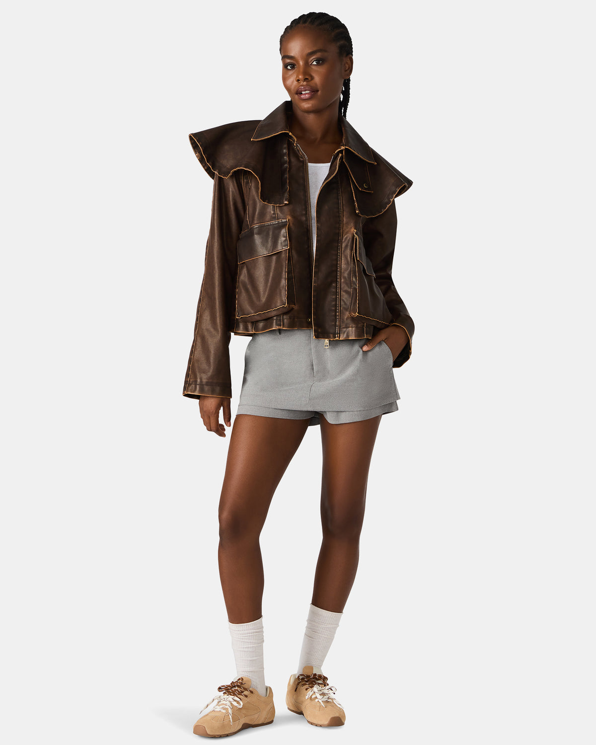 VARVARA Chocolate Long-Sleevd Faux Leather Women's Jacket | Steve Madden